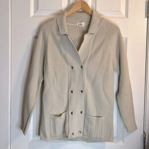 Vintage double breasted cardigan women oatmeal acrylic gold tone buttons v-neck